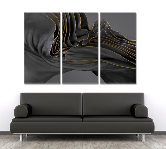 FLOW Beautiful Black Wavy Abstraction Abstract Art Print Artesty 3 panels 36" x 24"
