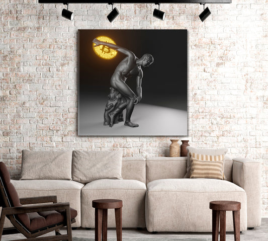 POWER OF BITCOIN Statue of Discobolus Myron Throws Bitcoin Poster Office Wall Art Canvas Print Artesty