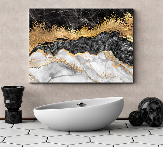 Marble Black White Gold Abstract Contemporary Decorative Marbling Pattern Giclée Print Fluid Art, Oriental Marbling Canvas Print Artesty