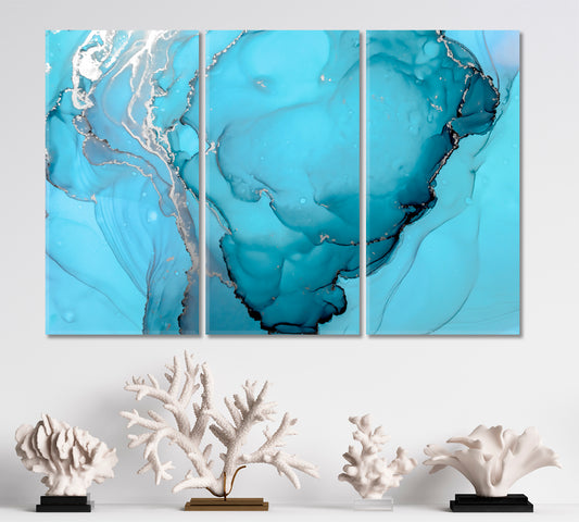 Turquoise Blue Marble Curly Swirls Trendy Fluid Art Fluid Art, Oriental Marbling Canvas Print Artesty 3 panels 36" x 24"