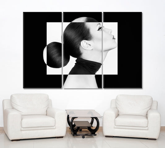 YIN YANG Black White Style Woman Fashion Portrait Black and White Wall Art Print Artesty 3 panels 36" x 24"