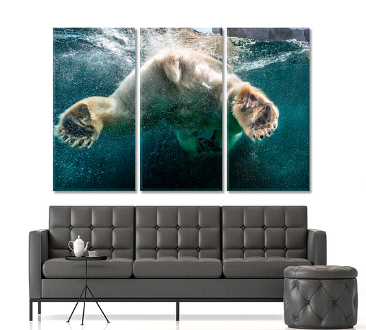 BUBBLES Polar Bear Big Paws Swimming Undersea Wild Life Framed Art Artesty 3 panels 36" x 24"