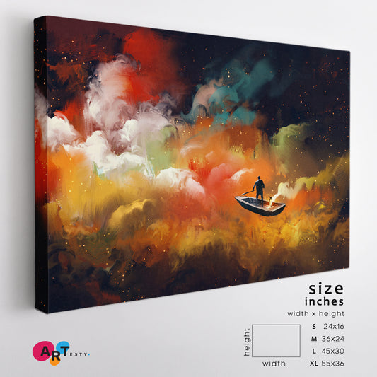 Surreal Dreamlike Man on Boat Outer Space Colorful Clouds Surreal Fantasy Large Art Print Décor Artesty