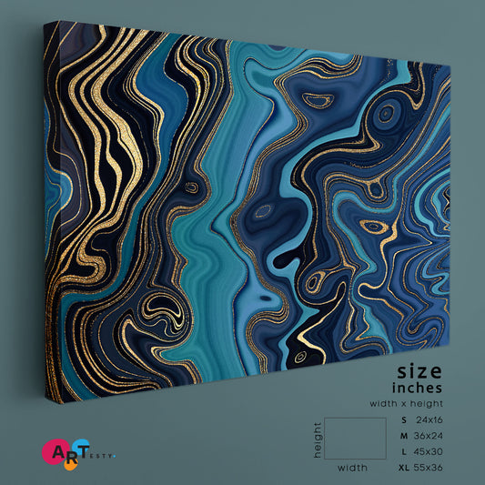 MARBLE EFFECT series Turquoise Navy Blue & Gold Abstract Swirl Artistic Design Giclée Print Fluid Art, Oriental Marbling Canvas Print Artesty 1 panel 24" x 16"