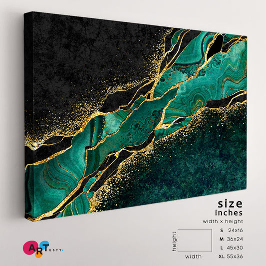 Green Malachite | Luxury Abstract Marble With Golden Veins Giclée Print Fluid Art, Oriental Marbling Canvas Print Artesty