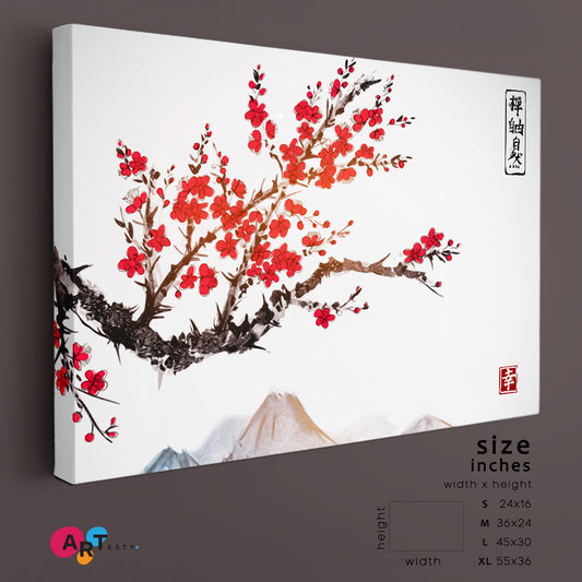 Oriental Style Mountains Sakura Japanese Cherry Bloom Trees Asian Style Canvas Print Wall Art Artesty