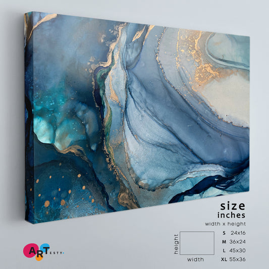 SPARKLING FLOW Abstract Blue Marble Fluid Art Turquoise Veins Fluid Art, Oriental Marbling Canvas Print Artesty 1 panel 24" x 16"