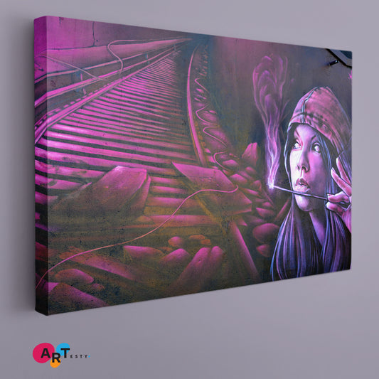 I'M WAITING Unique Street Art Urban Graffiti Girl Railroad Paris France Canvas Print Street Art Canvas Print Artesty 1 panel 24" x 16"