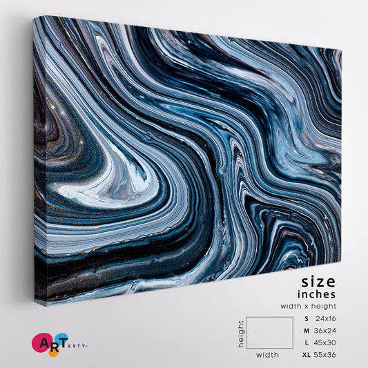 Black Blue White Overflow Liquid Acrylic Abstract Iridescent Marble Effect Fluid Art, Oriental Marbling Canvas Print Artesty