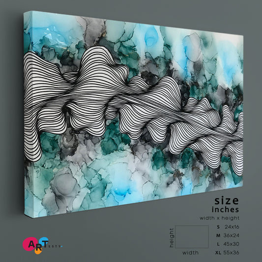 Turquoise Wave Modern Fluid Art Fluid Art, Oriental Marbling Canvas Print Artesty