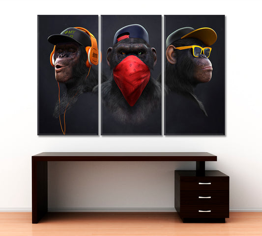 Three Wise Monkeys See No Evil Hear No Evil Speaks no Evil Animals Canvas Print Artesty 3 panels 36" x 24"