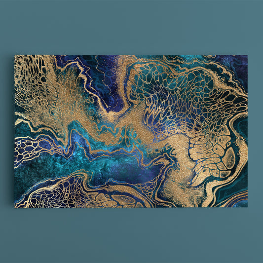 NAVY BLUE GOLD EFFECT Marble Swirls Creative Abstract Trendy Modern Canvas Print Fluid Art, Oriental Marbling Canvas Print Artesty