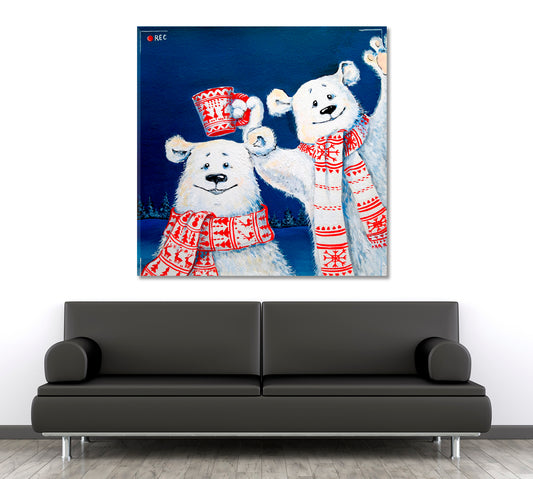 WINTER Happy Christmas Cute Polar Bears Poster Animals Canvas Print Artesty
