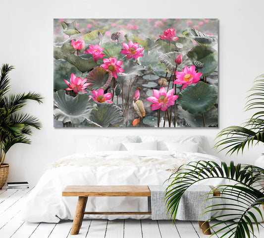 LOTUS POND Beautiful Pink Water Lily Blooming Lake Poster Floral & Botanical Split Art Artesty