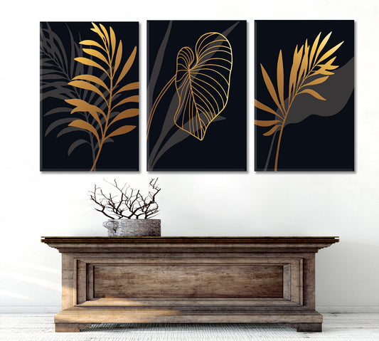 Luxury Black And Gold Art Deco Style SET 3 Vertical Panels Abstract Art Print Artesty