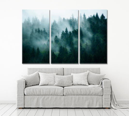 Misty Mountains Slopes Landscape Foggy Fir Forest Canvas Print Scenery Landscape Fine Art Print Artesty 3 panels 36" x 24"