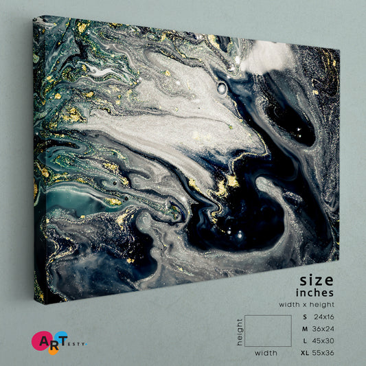 GREEN MALACHITE Inkwell Teal Metallic Silver Effect Marble Acrylic Mix Fluid Art, Oriental Marbling Canvas Print Artesty 1 panel 24" x 16"