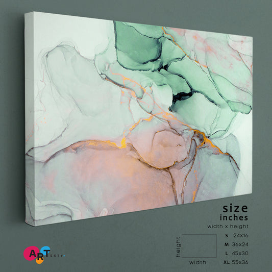 GREEN ASH Ink Colors Tender Soft Modern Marble Pattern Fluid Art, Oriental Marbling Canvas Print Artesty 1 panel 24" x 16"