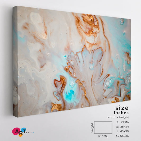 Cream Golden Blue Mixed Eastern Oriental Style Beautiful Pattern EBRU Fluid Art, Oriental Marbling Canvas Print Artesty