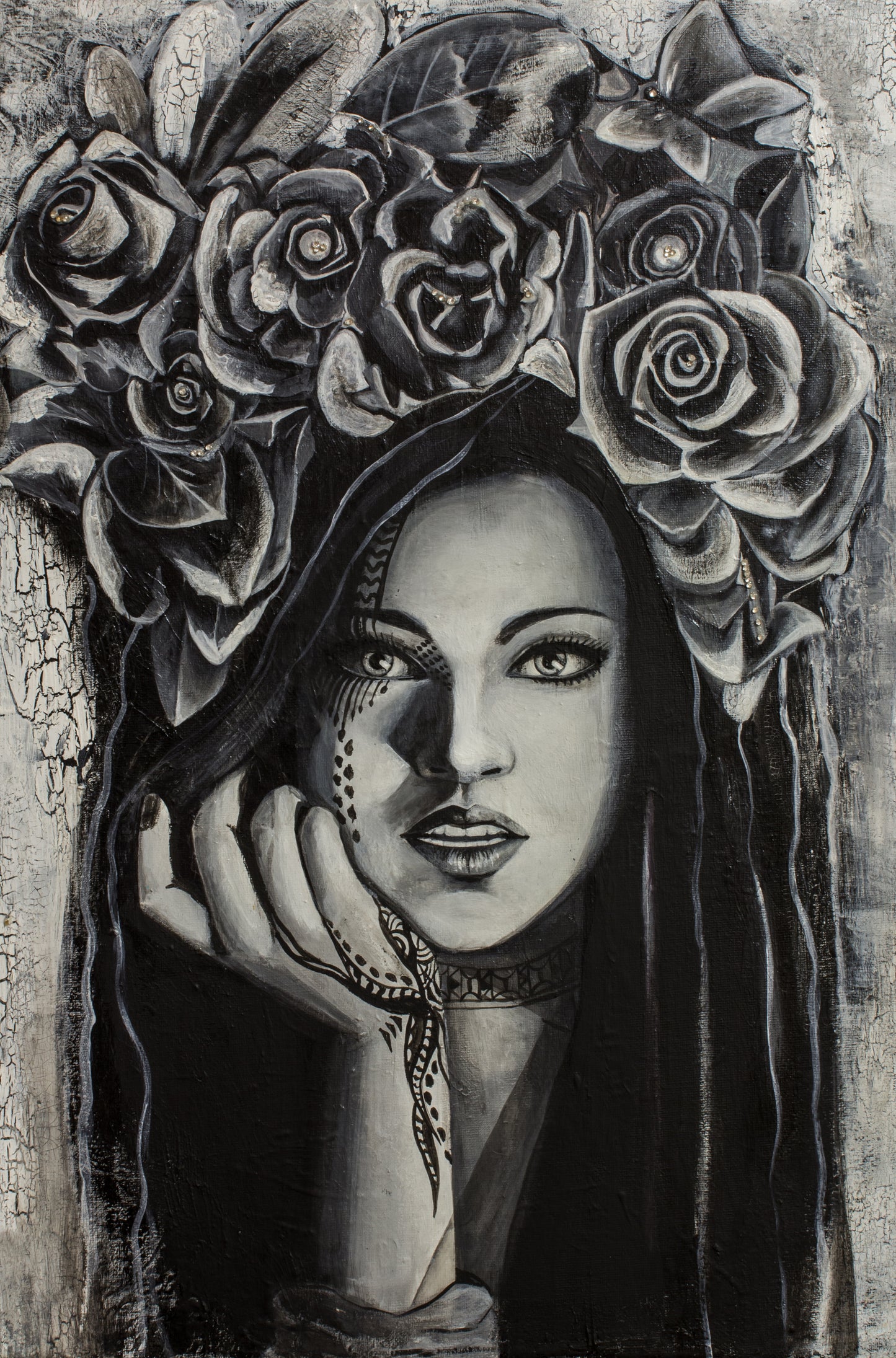 GIRL WITH CROW FLOWERS Beautiful Woman - Vertical 1 panel Black and White Wall Art Print Artesty