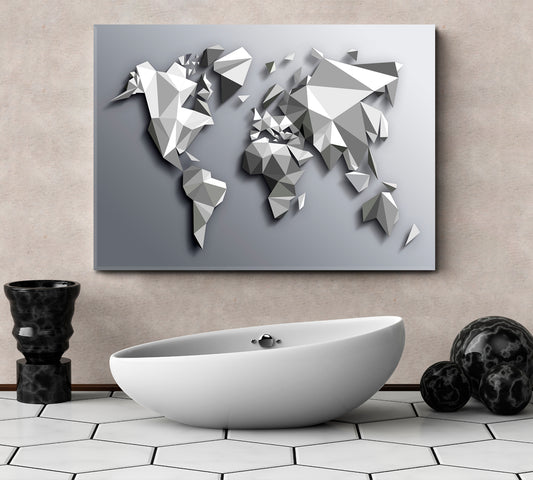 Extra Large Abstract Gray White Low Poly World Map Poster Maps Canvas Artwork Artesty 1 panel 24" x 16"