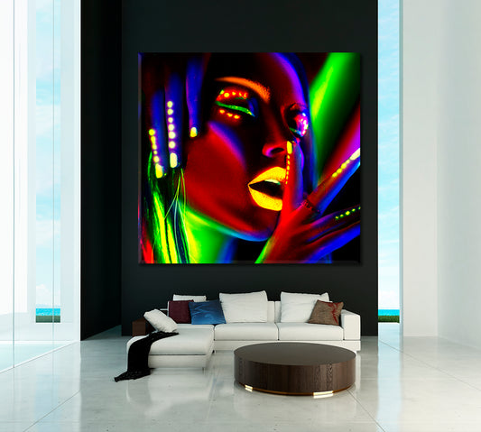 Fashion Beautiful Model Woman Neon Light Body Art Design, Square Panel Photo Art Artesty