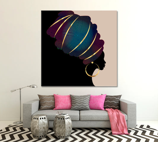 Portrait Beautiful African WomanTraditional Turban Kente Head Wrap | Square African Style Canvas Print Artesty