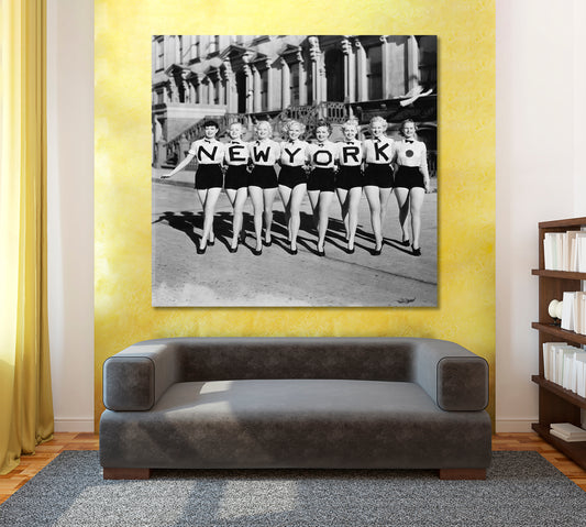 NEW YORK CITY Vintage Black and White Photo CHORUS LINE of Beautiful Women- Square Panel Vintage Affordable Canvas Print Artesty