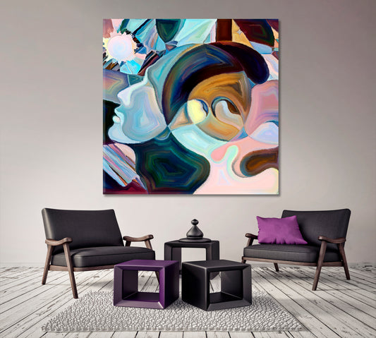 MUTUAL LOVE Refined Soft Colors Graceful Profile Lines Shapes - Square Panel Abstract Art Print Artesty