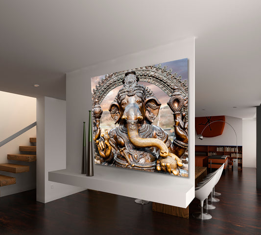 Statue of Hindu Elephant God Ganesha Dramatic Sky - Square Panel Religious Modern Art Artesty 1 Panel 12"x12"
