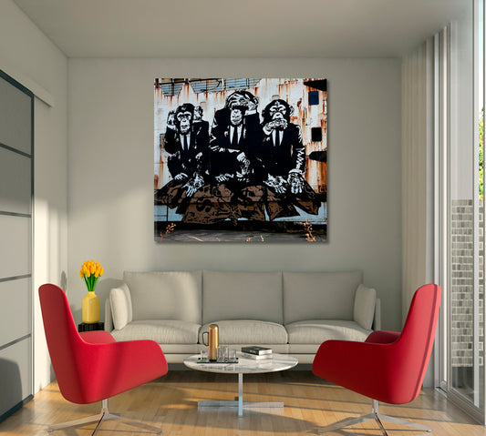THREE WISE MONKEYS Street Art Banksy Style Life Graffiti Canvas Print - Square Panel Street Art Canvas Print Artesty