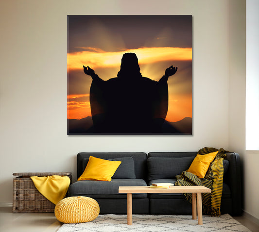 BELIEVE HOPE LOVE Silhouette Jesus Sunset - Square Panel Religious Modern Art Artesty 1 Panel 12"x12"