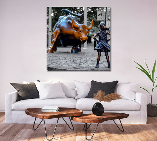 The Fearless Girl and Charging Bull New York City Manhattan NY USA - Square Panel Famous Landmarks Artwork Print Artesty