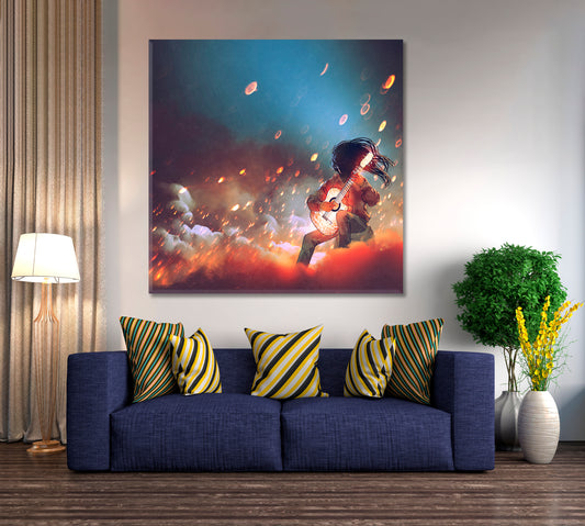 SURREAL Mysterious Man Playing the Glowing Guitar in the Smoke - Square Panel Surreal Fantasy Large Art Print Décor Artesty