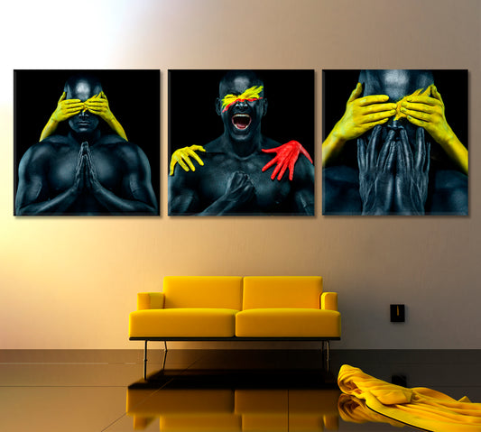 Colorful Portrait Bodybuilder Athlete Body Art Female Hands Set of 3 Photo Art Artesty