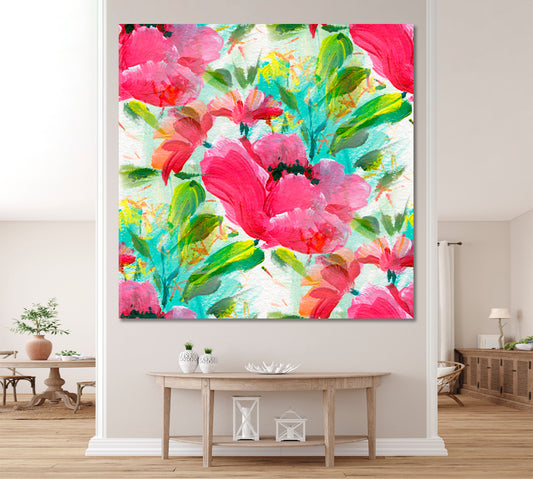 SPRING SOUL Vivid Floral Pattern Red Flowers - Square Panel Floral & Botanical Split Art Artesty 1 Panel 12"x12"