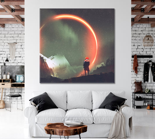 NIGHT SCENERY Man and Mystic Light Circle Landscape - Square Panel Surreal Fantasy Large Art Print Décor Artesty