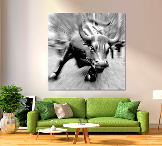 Charging Bull Black And White - Square Panel Black and White Wall Art Print Artesty