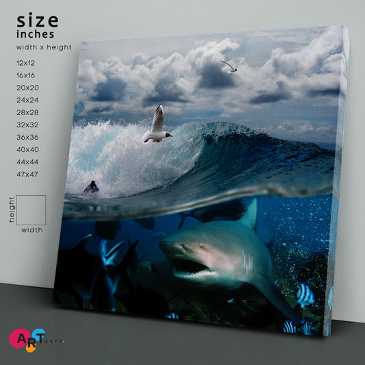 WILDLIFE Underwater Sea Life Breaking Wave Sky Seagulls Shark - S Nautical, Sea Life Pattern Art Artesty 1 Panel 12"x12"