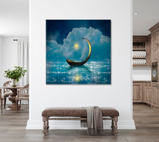STARRY NIGHT Fantasy Boat Scenery Landscape - Square Panel Fine Art Artesty