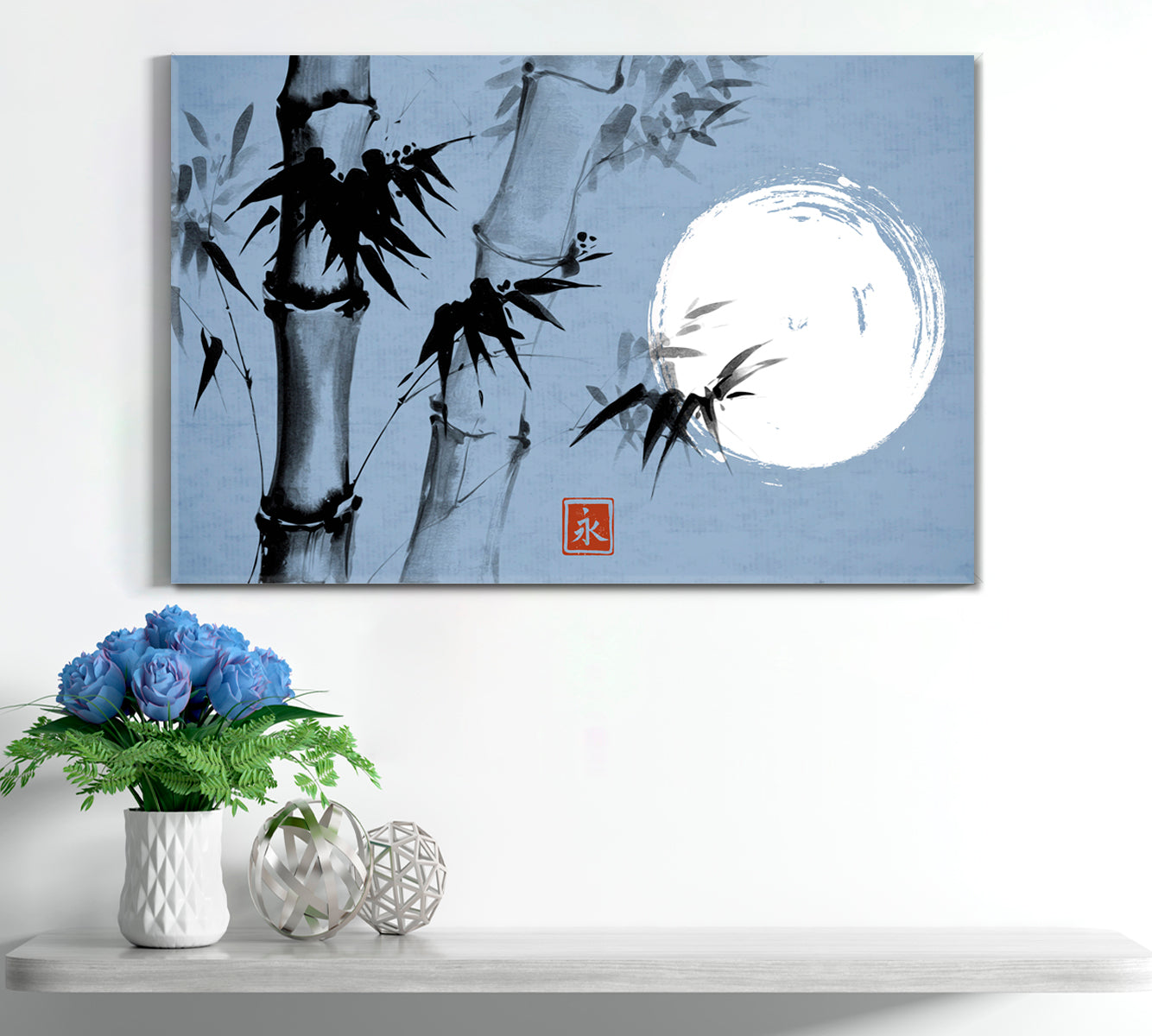 ETERNITY Sumi-e Hieroglyph Bamboo Moon Traditional Japanese Ink Canvas Print Blue Color Asian Style Canvas Print Wall Art Artesty