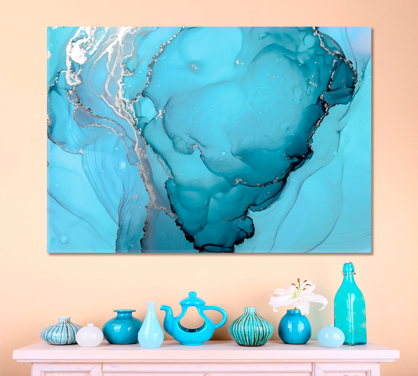 Turquoise Blue Marble Curly Swirls Trendy Fluid Art Fluid Art, Oriental Marbling Canvas Print Artesty   