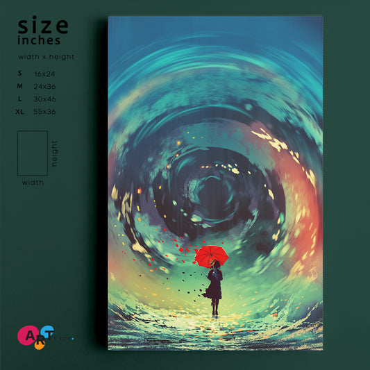 IMAGINATION Surreal Whirlpool Girl Red Umbrella Swirling Sky Fantasy Surreal Fantasy Large Art Print Décor Artesty 1 Panel 16"x24"