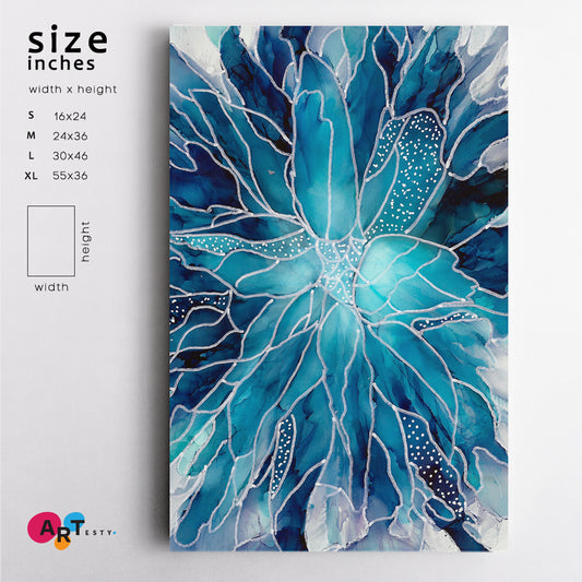 Blue White Alcohol Ink Pen Abstract Artwork Fluid Art, Oriental Marbling Canvas Print Artesty