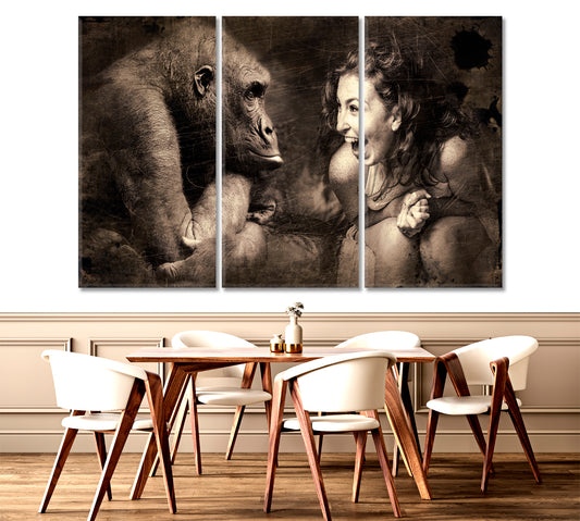 PRETTY WOMAN AND MONKEY Thru Emotions For a Change Vintage Poster Animals Canvas Print Artesty 3 panels 36" x 24"