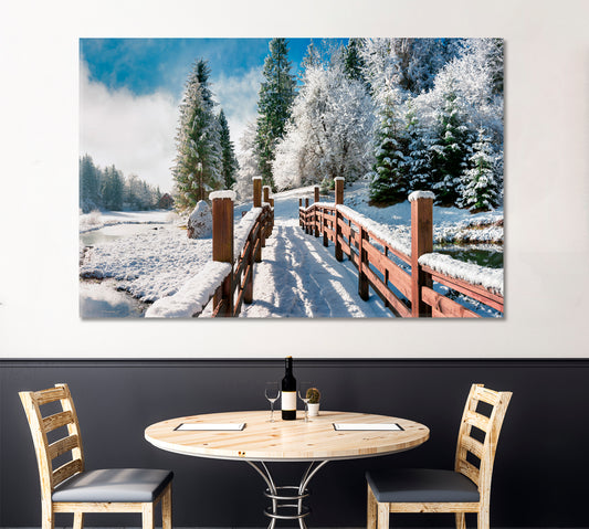 Snow Covered Christmas Trees Forest Bridge Panorama Scenery Landcape Artesty 1 panel 24" x 16"