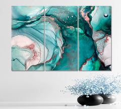 AZURE SEA WAVES Emerald Fluid Flowing Ink Marble Veins Oriental Art Fluid Art, Oriental Marbling Canvas Print Artesty 3 panels 36" x 24" 