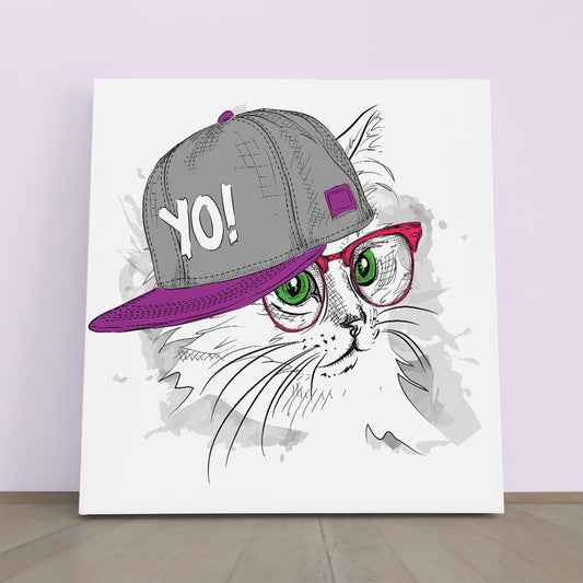 Cute Cat Hip-Hop Hat Funny Whimsical Animal KIDS ROOM CONCEPT Canvas Print | Square Panel Animals Canvas Print Artesty 1 Panel 12"x12"