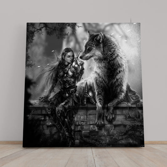 LADY OF WOLVES Mystical Woman Wild Wolf Fantasy Concept Canvas Print - Square Surreal Fantasy Large Art Print Décor Artesty 1 Panel 12"x12"