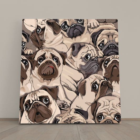 Funny Pugs Composition Sepia Art Style Humor Whimsical Animals Canvas Print - Square Panel Animals Canvas Print Artesty 1 Panel 12"x12"